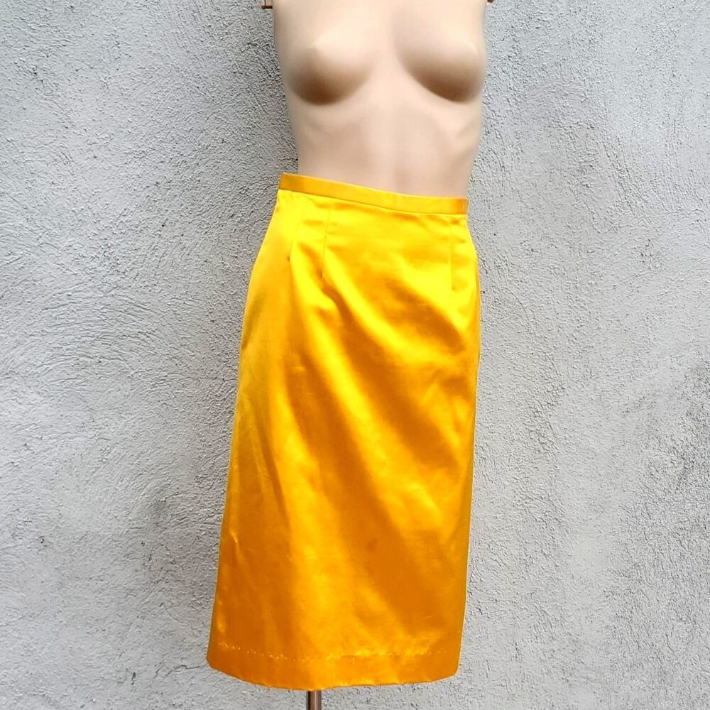 Vintage Yellow Yellow Satin Wiggle Pencil Skirt Size S 50s Metal Zipper - Picture 2 of 11